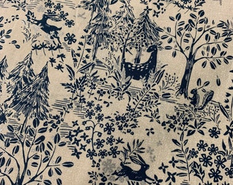 Woodland Forest Animals - White & Navy with Metallic - Kokka Japan Cotton Sheeting Fabric