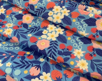 Floral Berry Blue - Berries & Blossoms - Paintbrush Studio Cotton Fabric