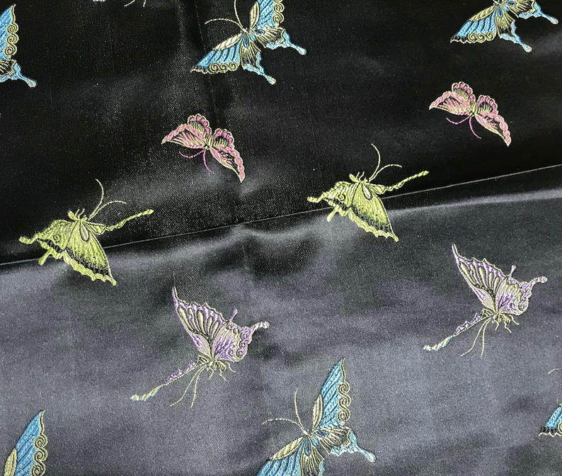 Faux Silk Brocade Fabric 12 Yard Black with Butterflies Remnant Sale