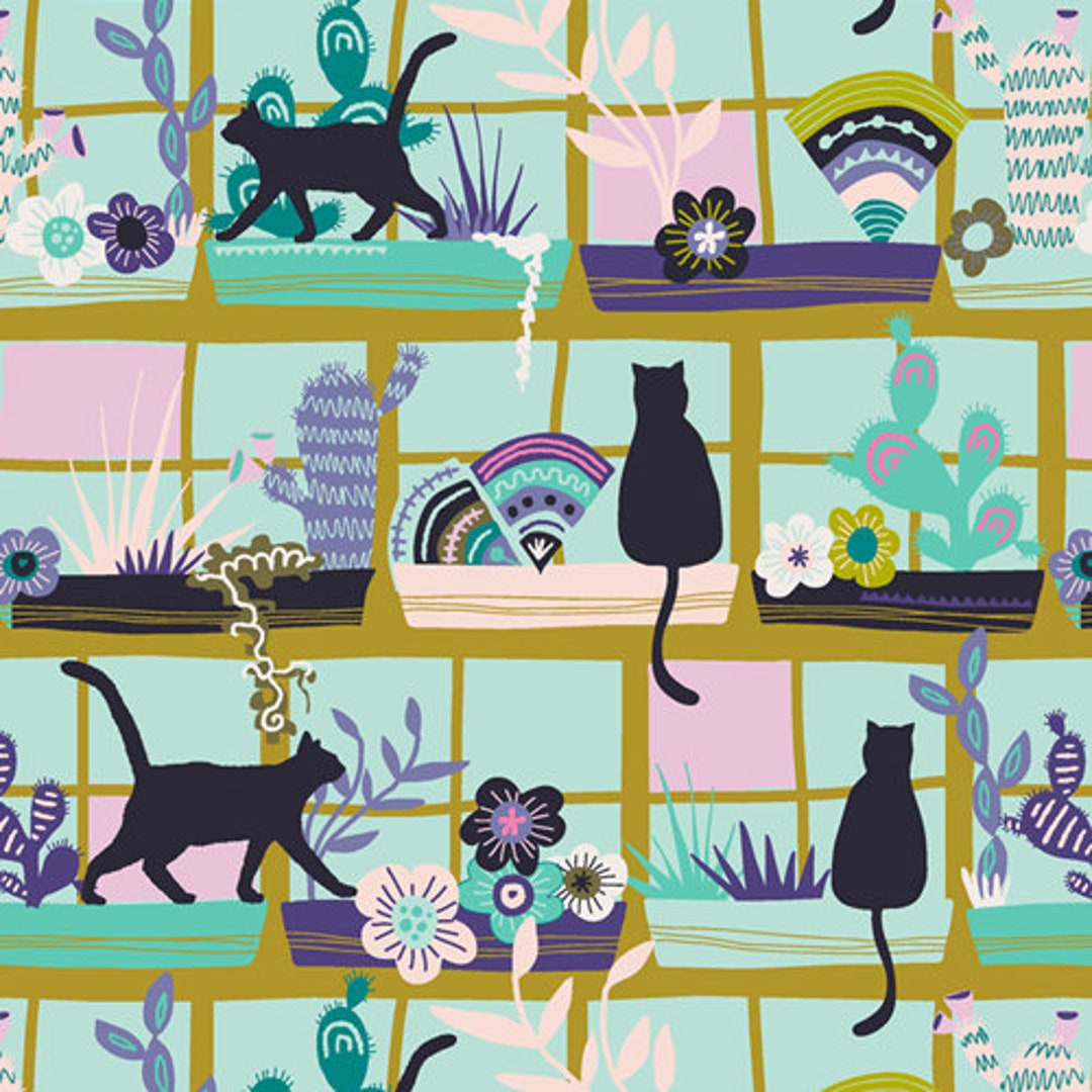 Oh, Meow Purrrlandia Cats in Windows Art Gallery Premium Cotton Fabric