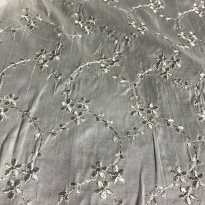 Ivory Embroidered Flowers - Silk Dupioni Fabric