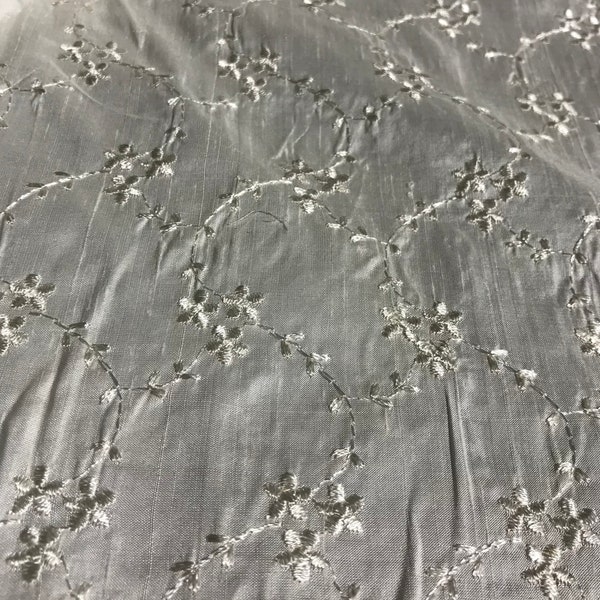 Ivory Embroidered Flowers - Silk Dupioni Fabric