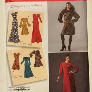 May include: Simplicity sewing pattern 2801 featuring dress designs for day and evening wear. The pattern includes various styles, from long-sleeved gowns to sleeveless dresses. The image shows a woman wearing a dress made from the pattern.
