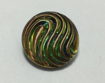 Vintage Glass Button - Mirror Back Iridescent Green Waves with Gold Luster 11/16"