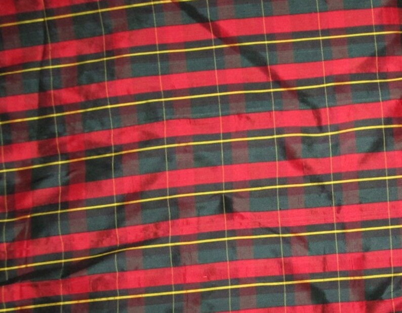 Red Black and Green PLAID Silk DUPIONI Fabric image 1