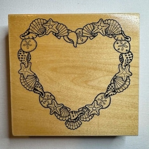 4.5"x4.75" 1997 Seashell Beach Heart Wood Mounted Rubber Stamp (U-1526) By Darcie's