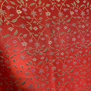 Red Small Floral - Faux Silk Brocade Fabric