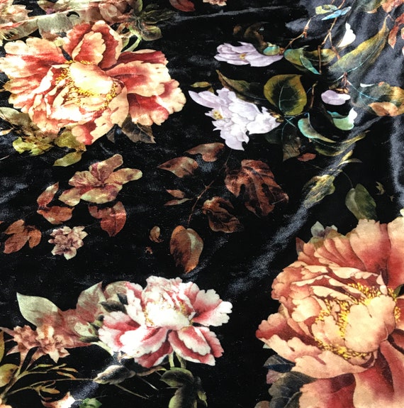 Black & Peach Peony Floral Stretch Polyester Velvet Fabric | Etsy