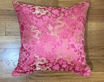 Silk Brocade Pillow Cover - Pink & Gold DRAGONS - Handmade