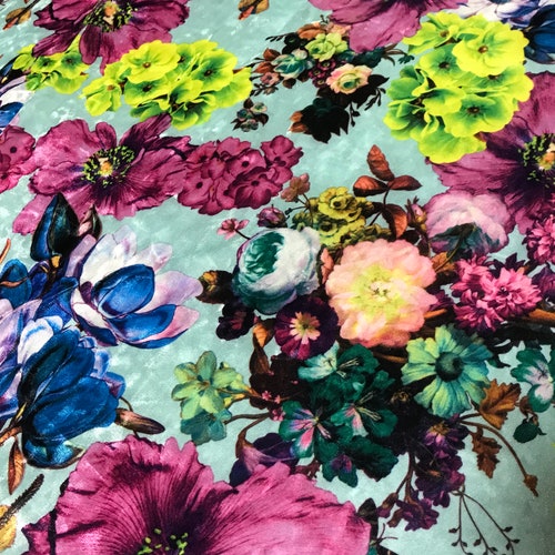 Aqua Multi Floral Stretch Polyester Velvet Fabric - Etsy