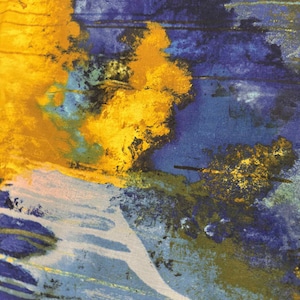 May include: Abstract art piece with a blend of colors. The artwork features a mix of yellow, blue, and white hues, with brushstrokes and textures creating a dynamic visual effect. The composition evokes a sense of depth and movement.