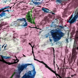Pink & Blue Magnolia Floral-Stretch Polyester Velvet Fabric