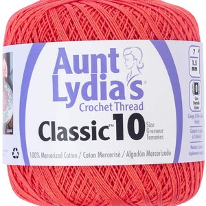 May include: A ball of coral red Aunt Lydia's Classic 10 crochet thread. The label reads "100% Mercerized Cotton / Coton Mercerisé / Algodón Mercerizado".