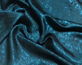 Teal Blue Baroque Scroll - Silk Jacquard Fabric