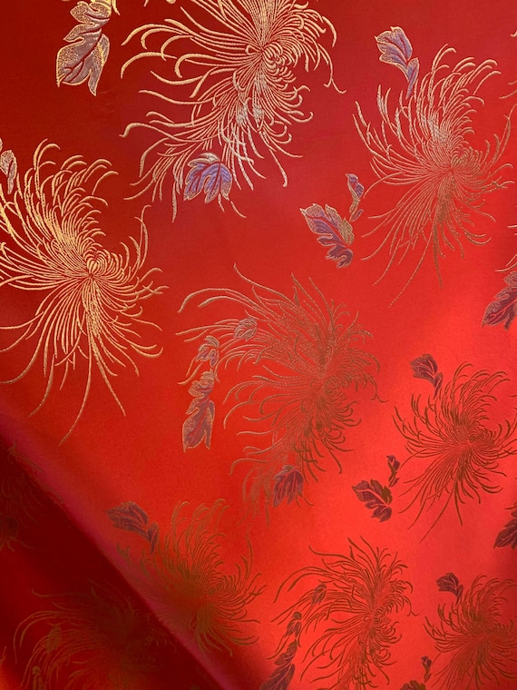 red brocade fabric - Red Mums Floral - Faux Silk Brocade Fabric