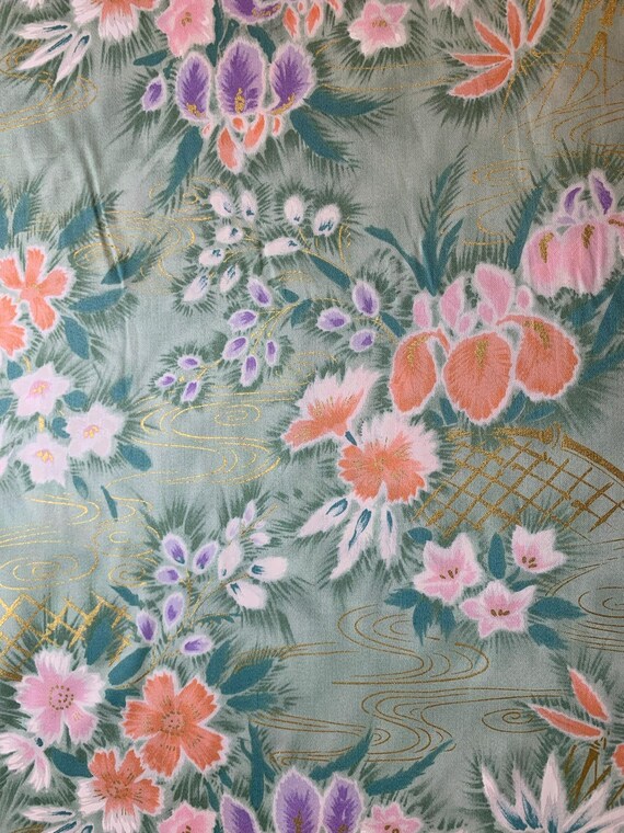peach satin fabric - Sage & Peach Iris Floral Cotton Sateen Fabric Vintage 90's OOP