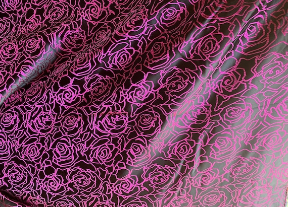 fuchsia brocade fabric - Black & Fuchsia Pink Roses Floral - Faux Silk Brocade Jacquard Fabric