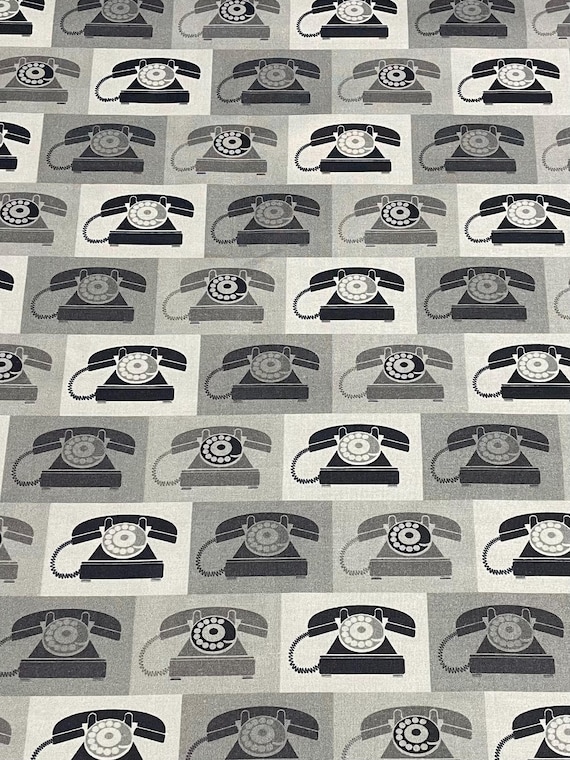 Ring Ring Vintage Telephone Grey - Paintbrush Studio Cotton Fabrics