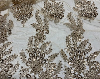 Antique Gold Sequin Floral Embroidered Tulle Fabric
