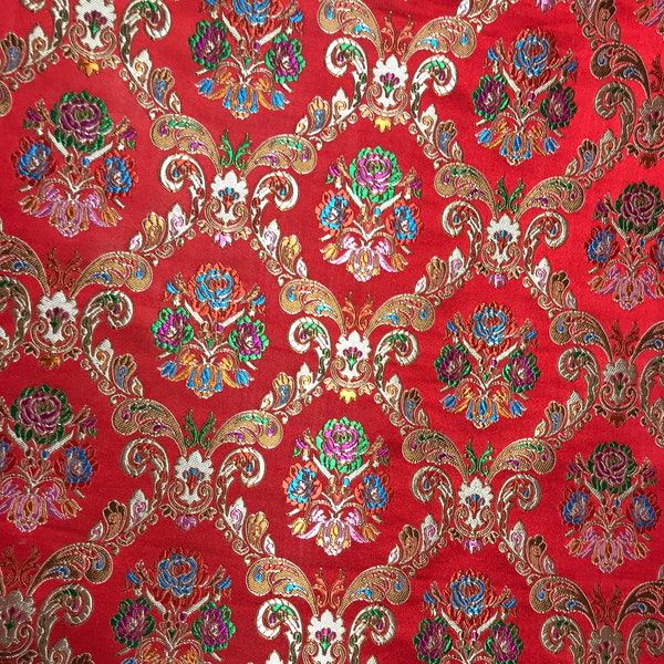 Red & Gold Floral Damask - Silk Brocade Fabric