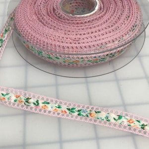 Pink Floral Ribbon with Lace Edge Made in France (1/2&quot; wide)