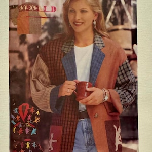 May include: Vintage Butterick sewing pattern 4912 for a patchwork blazer. The image shows a woman wearing the blazer, highlighting its mixed fabric panels and pocket details. The pattern also includes the text "Shirley Stevenson Designs".