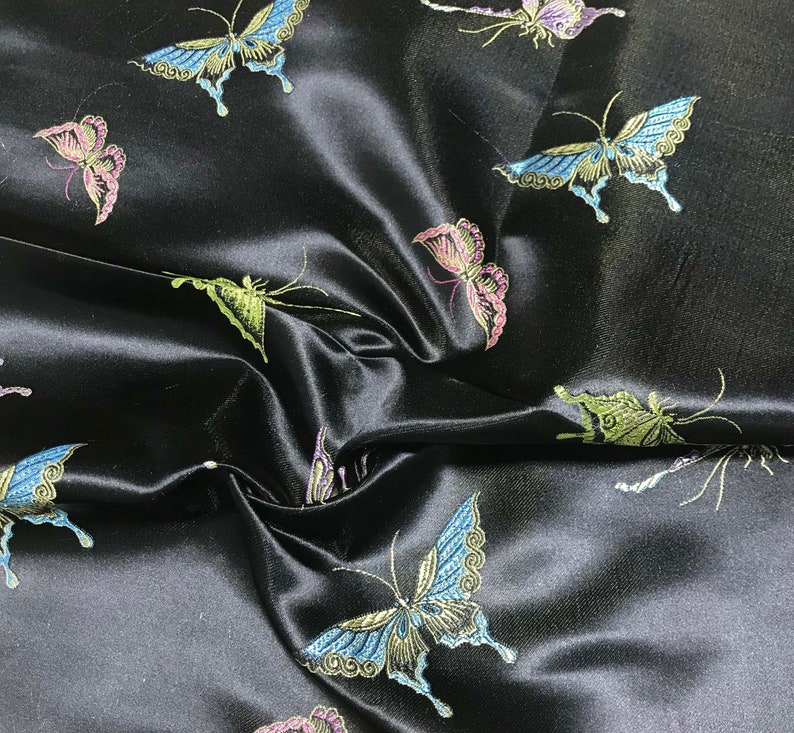 Faux Silk Brocade Fabric 12 Yard Black with Butterflies Remnant Sale