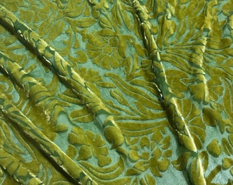 YELLOW GREEN Floral Burnout Hand Dyed Silk Velvet Fabric