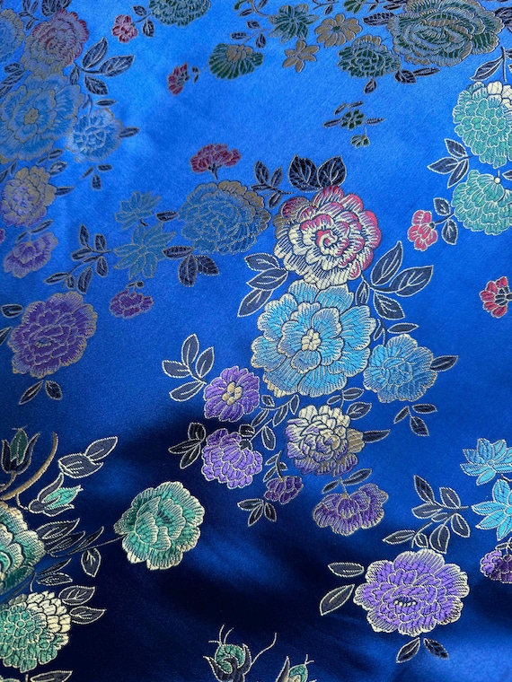 royal brocade fabric - Royal Blue w/ Multi Colored Flowers - Faux Silk Brocade Jacquard Fabric