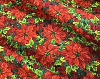 Flor de Pascua roja navideña floral - Tela de algodón de Elizabeth's Studio