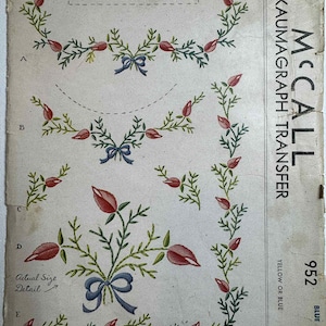 Peut inclure: Patron de transfert Kaumagraph McCall's vintage avec un motif de bouton de rose. Le patron comprend des brins floraux, des nœuds et le texte "Rosebud Design in Satin, Outline and Single Stitch". Le motif est destiné à la garniture des robes d'enfants, des kimonos et des draps pour bébés.