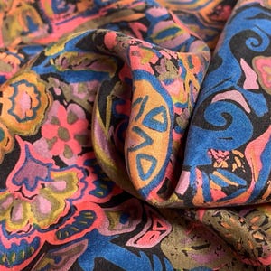 9&quot;x14&quot; Blue & Orange Artsy Floral Sandwashed Silk Crepe de Chine - Remnant Sale