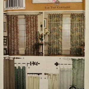 May include: Simplicity Home tab top curtain pattern. The package features images of various curtain styles, including floral and patterned designs. The package also shows different curtain rod and finial options.