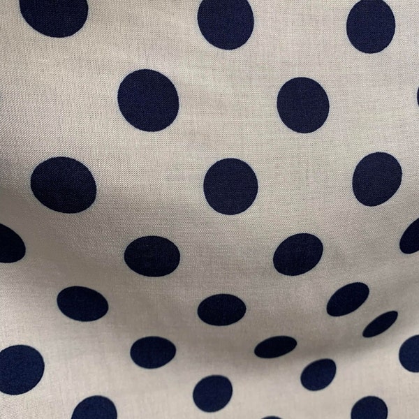 White with Navy Blue Polka Dots - 100% Rayon Challis Fabric