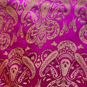 Fuchsia Pink & Gold Damask Paisley - Faux Silk Brocade Jacquard Fabric