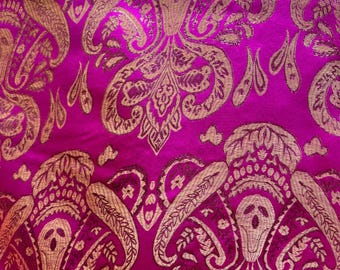 Fuchsia Pink & Gold Damask Paisley - Faux Silk Brocade Jacquard Fabric