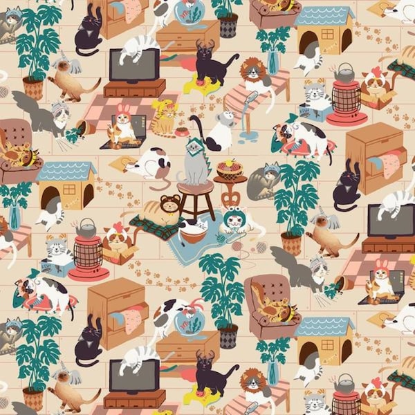 Hats for Cats - Cats In the House - Paintbrush Studio Cotton Fabric