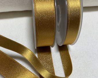 Nastro decorativo in raso metallizzato color oro su entrambi i lati, prodotto in Francia (disponibile in 2 larghezze).