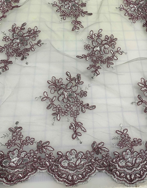 silver lace - Silver & Pink Floral Embroidered Tulle Lace Fabric
