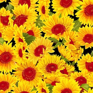Sunflowers on Black - Sunshine & Bumblebees - EE Schenck Cotton Fabric