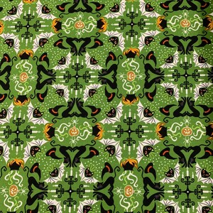 May include: A green fabric with a repeating pattern of black cats, witches' hats, cauldrons, bats, and candles. The pattern is set against a green background with white stars.