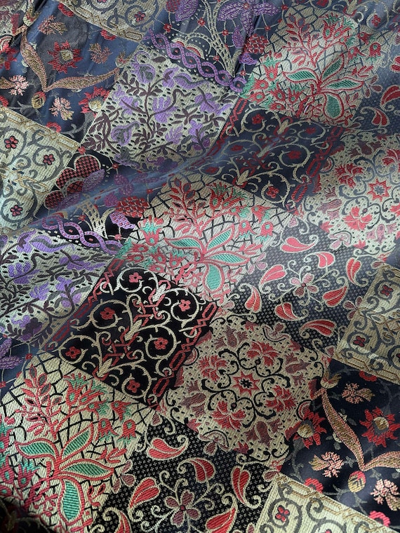 gold brocade fabric - Purple Red Black & Gold Floral Patchwork - Faux Silk Brocade Jacquard Fabric