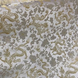 White with Gold Dragons - Silk Brocade Fabric