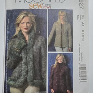 May include: McCall's sewing pattern envelope featuring three jacket designs. The envelope displays a woman wearing a jacket with faux fur trim. The text "McCall's sew news" is visible. Size AA (6-8-10-12).