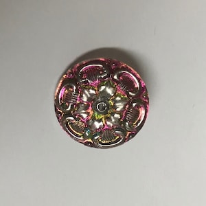 Vintage Glass Button - Mirror Back Iridescent Pink & Green with Silver Flower 7/8&quot;