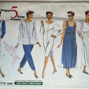 May include: Vogue pattern featuring five easy pieces. The illustration shows various dress and top designs, including a striped top with pants, a white dress, and a blue dress. The pattern is rated as very easy.