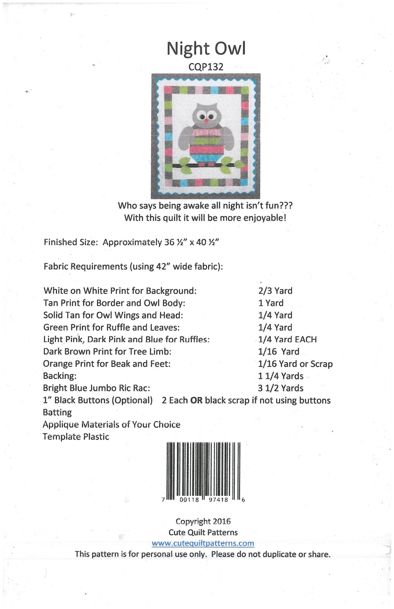 Night Owl Quilt Pattern Cute Quilt Patterns