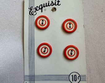 Set di 4 bottoni vintage in plastica arancione e bianca da 5/8" su cartoncino