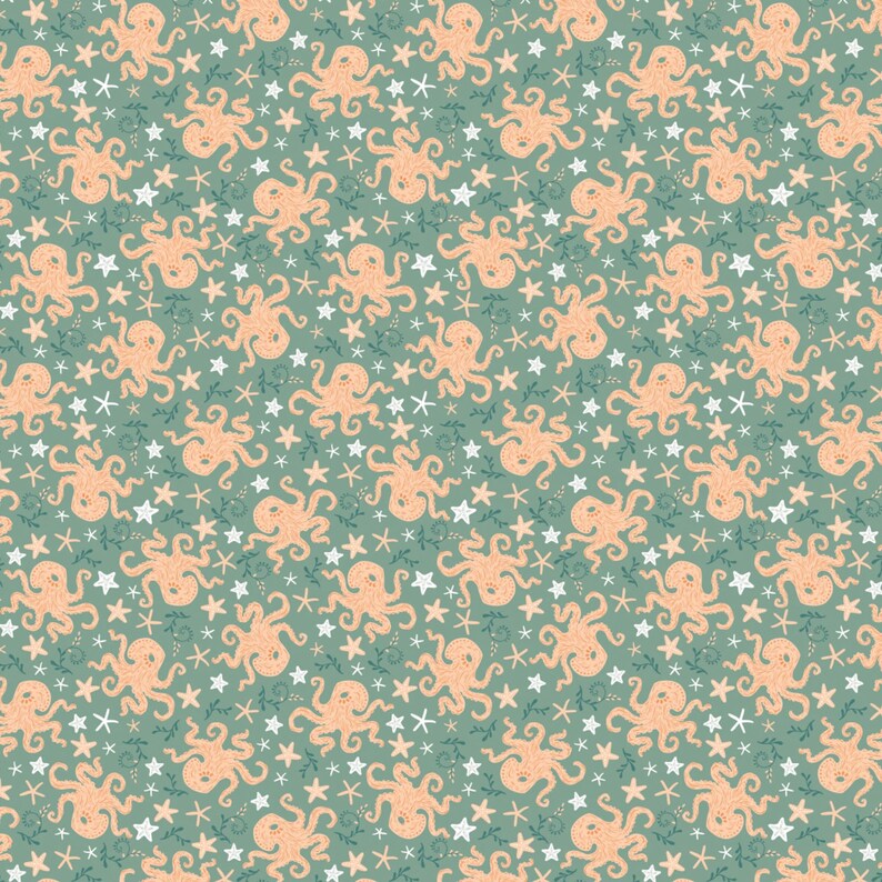 Camelot Cotton Fabric Beachside Pretty Octopus Green