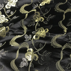 Black and Gold Ribbon Roses - Faux Silk Brocade Fabric